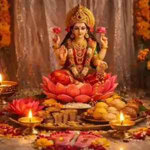 Lakshmi Puja with Goddess Lakshmi idol, diya, and puja setup for prosperity