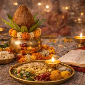 Satyanarayan Puja with Lord Vishnu idol and pandit performing katha and rituals
