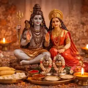 Gauri Shankar Puja with Shiva Parvati idol and pandit performing rituals