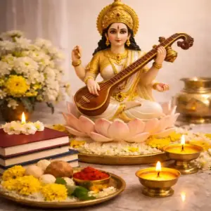 Saraswati Puja with Goddess Saraswati idol, books, and veena setup