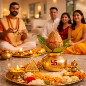 At home Vastu Shanti Puja ritual setup with kalash and havan kund