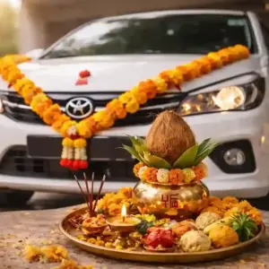 Vishwakarma Puja being performed on tools and machinery with pandit rituals