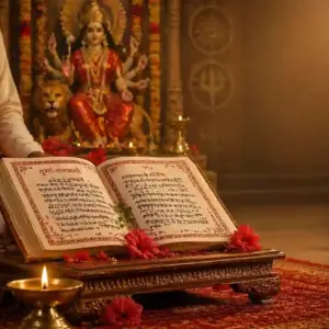 Chandi Paath ritual with Durga Saptashati scripture, diya, red flowers and Maa Durga murti in temple background