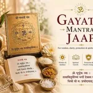 Gayatri Mantra Jaap setup with Gayatri yantra and sacred items