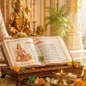 Hanuman Chalisa Paath with open scripture on wooden chowki, diya, incense and Lord Hanuman idol in bright temple setting