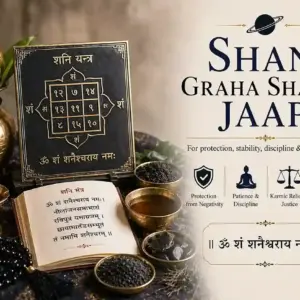 Shani Graha Shanti Jaap setup with Shani yantra and black sesame offerings