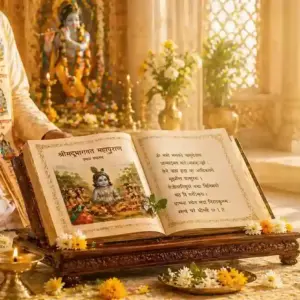 Shrimad Bhagwat Mool Paath with sacred scripture on chowki, diya, flowers and Lord Krishna idol in peaceful temple environment