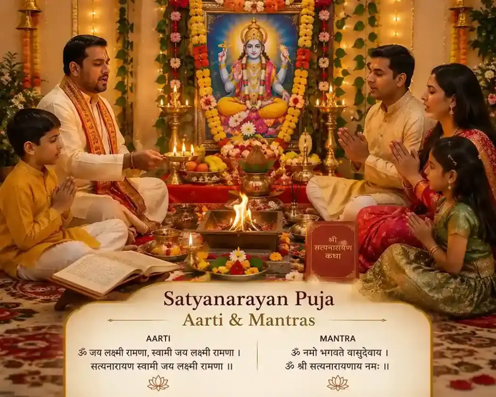 Family and priest performing Satyanarayan Puja aarti near havan kund with Lord Vishnu image, chanting sacred mantras in devotion.