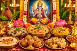 Delicious Satyanarayan Puja prasad spread featuring sheera, ladoo, kheer, fruits, and traditional offerings placed before Lord Vishnu.