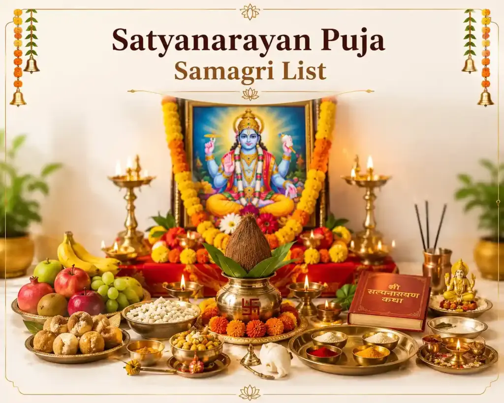 Satyanarayan Puja samagri arranged neatly before Lord Vishnu photo including kalash, fruits, sweets, flowers, incense, and puja essentials.