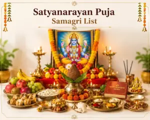 Satyanarayan Puja samagri arranged neatly before Lord Vishnu photo including kalash, fruits, sweets, flowers, incense, and puja essentials.