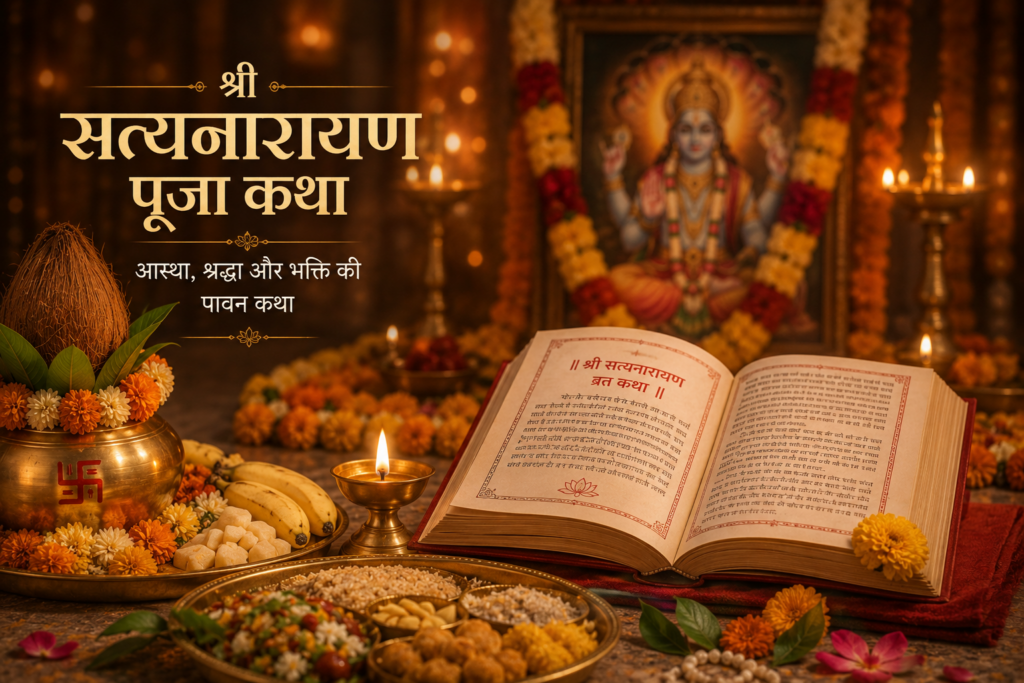 Sacred Satyanarayan Katha book placed before a beautifully decorated Lord Vishnu altar with flowers, diyas, kalash, fruits, and traditional puja offerings.